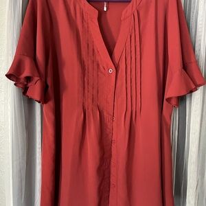 Rosegal Brick Red Pintuck Button-Front Tunic with Ruffle Sleeves